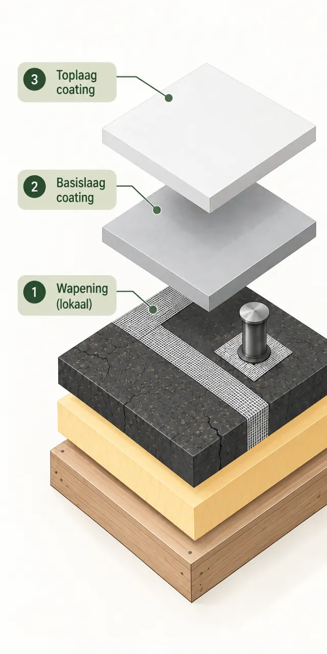 Coating: schematische lagenopbouw boven bestaande dakbedekking, met wapening, basislaag en toplaag.